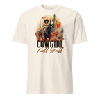 Natural t-shirt with a graphic of a cowgirl and cactus, and the text 'Cowgirl Fall Yall' on a white background.