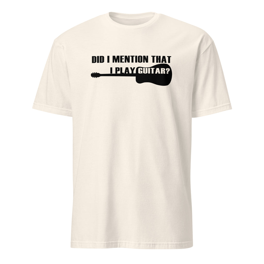 Natural t-shirt with black text and guitar graphic on a white background