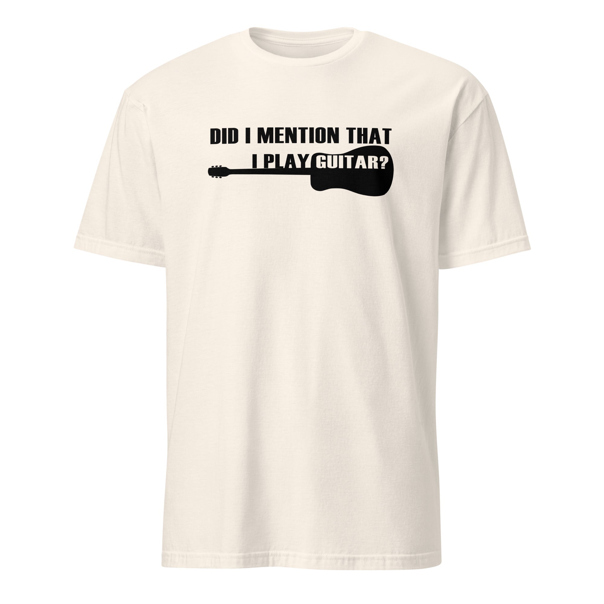 Natural t-shirt with black text and guitar graphic on a white background