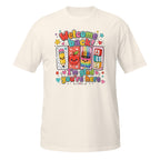 An off-white short-sleeve crewneck t-shirt featuring a colorful 'Welcome Back' and 'I'm glad you're here' school-themed graphic print on the front.