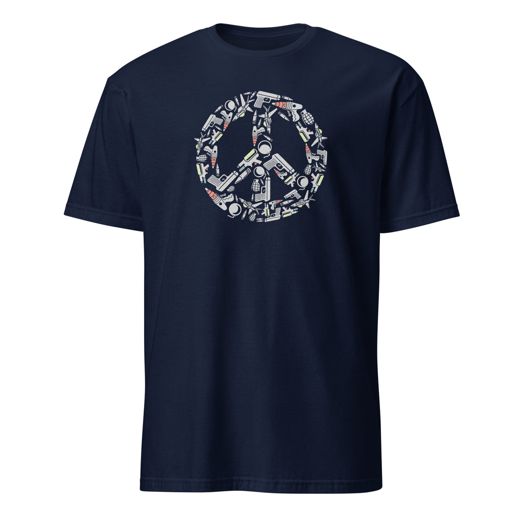 Navy blue t-shirt with a peace symbol design on a white background