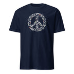 Navy blue t-shirt with a peace symbol design on a white background