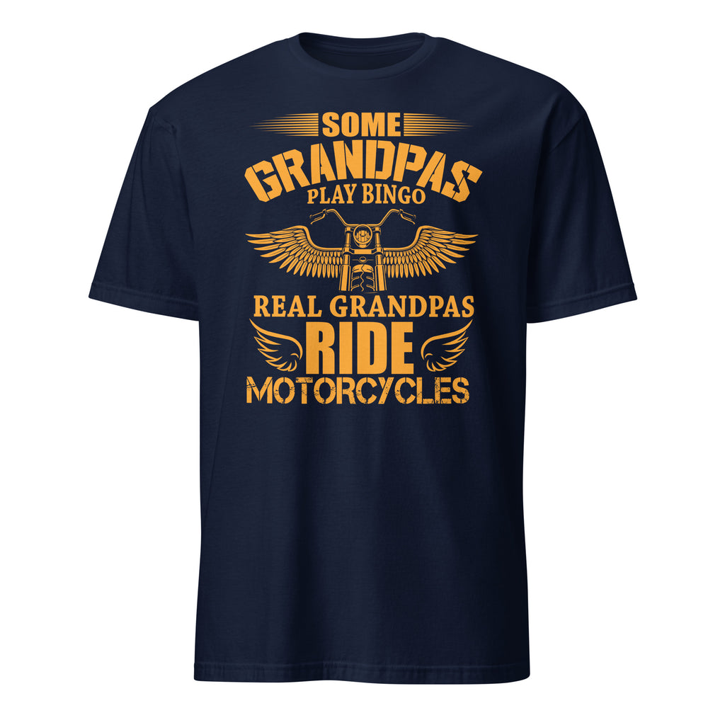 Navy blue t-shirt with yellow graphic and "Some Grandpas Play Bingo Real Grandpas Ride Motorcycles" text on a white background
