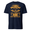 Navy blue t-shirt with yellow graphic and "Some Grandpas Play Bingo Real Grandpas Ride Motorcycles" text on a white background