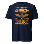 Navy blue t-shirt with yellow graphic and "Some Grandpas Play Bingo Real Grandpas Ride Motorcycles" text on a white background