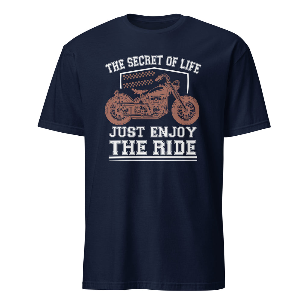 Navy blue t-shirt with motorcycle graphic and "The Secret Life Just Enjoy The Ride" text on a white background