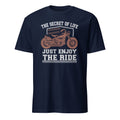 Navy blue t-shirt with motorcycle graphic and "The Secret Life Just Enjoy The Ride" text on a white background