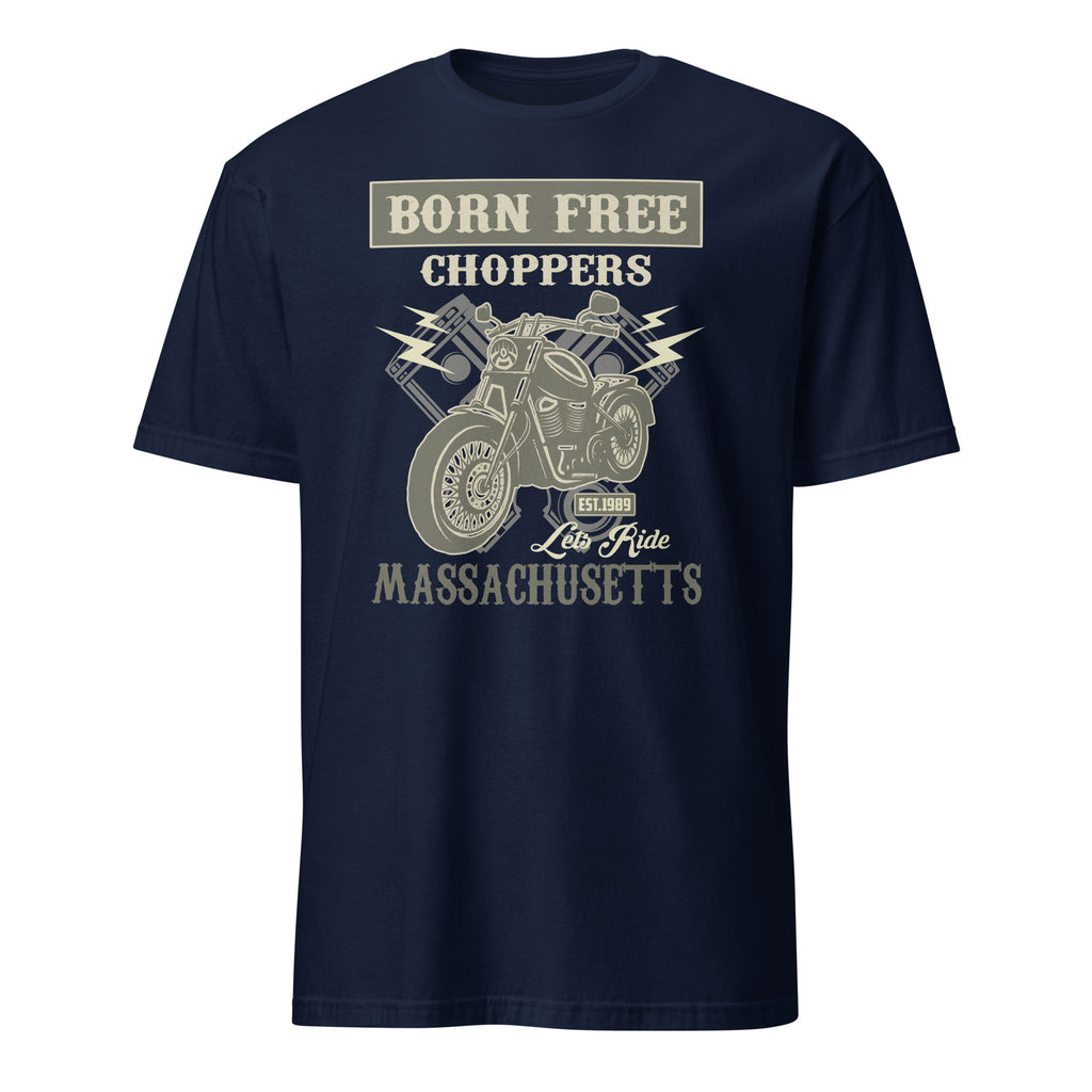 Navy blue t-shirt with 'Born Free Choppers' graphic and "Let's Ride Massachusetts" text on a white background
