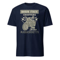 Navy blue t-shirt with 'Born Free Choppers' graphic and "Let's Ride Massachusetts" text on a white background