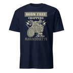 Navy blue t-shirt with 'Born Free Choppers' graphic and "Let's Ride Massachusetts" text on a white background