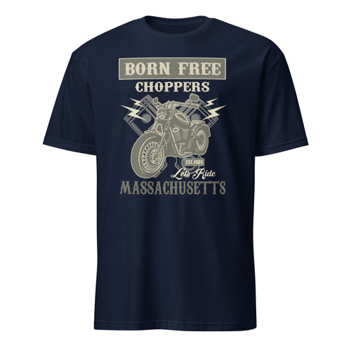 Navy blue t-shirt with 'Born Free Choppers' graphic and "Let's Ride Massachusetts" text on a white background