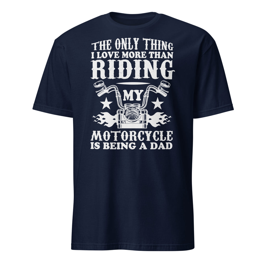 Navy blue t-shirt with white text and motorcycle graphic on a white background