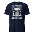 Navy blue t-shirt with white text and motorcycle graphic on a white background