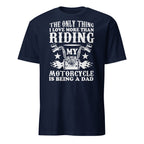 Navy blue t-shirt with white text and motorcycle graphic on a white background