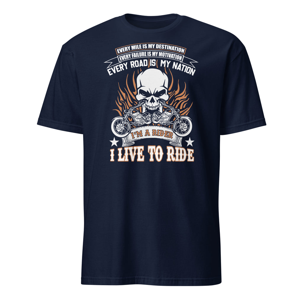 Navy blue t-shirt with skull and motorcycle graphic and motivational text on a white background