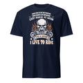 Navy blue t-shirt with skull and motorcycle graphic and motivational text on a white background
