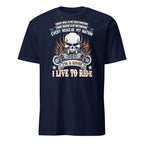 Navy blue t-shirt with skull and motorcycle graphic and motivational text on a white background