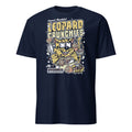 Navy blue t-shirt with a cartoon leopard and text design on a white background