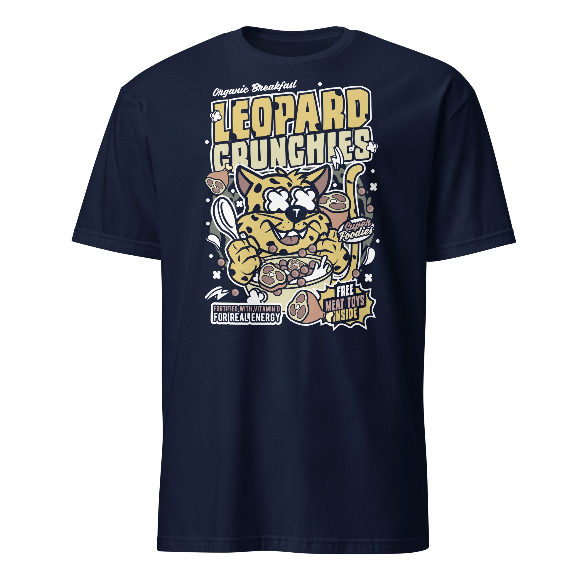 Navy blue t-shirt with a cartoon leopard and text design on a white background