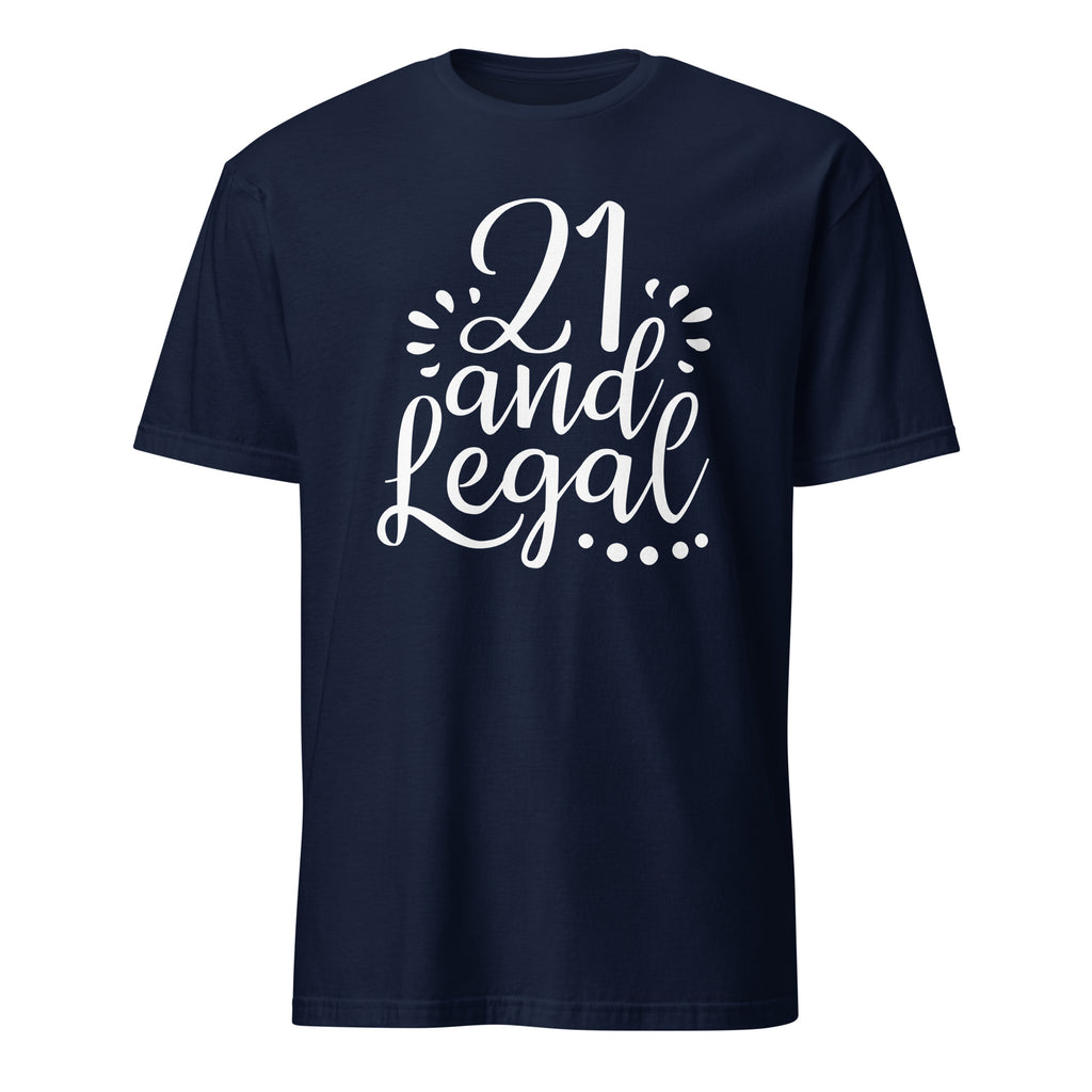 Navy blue t-shirt with '21 and Legal' text on a white background