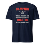 Navy blue t-shirt with red and white text and graphics on a white background