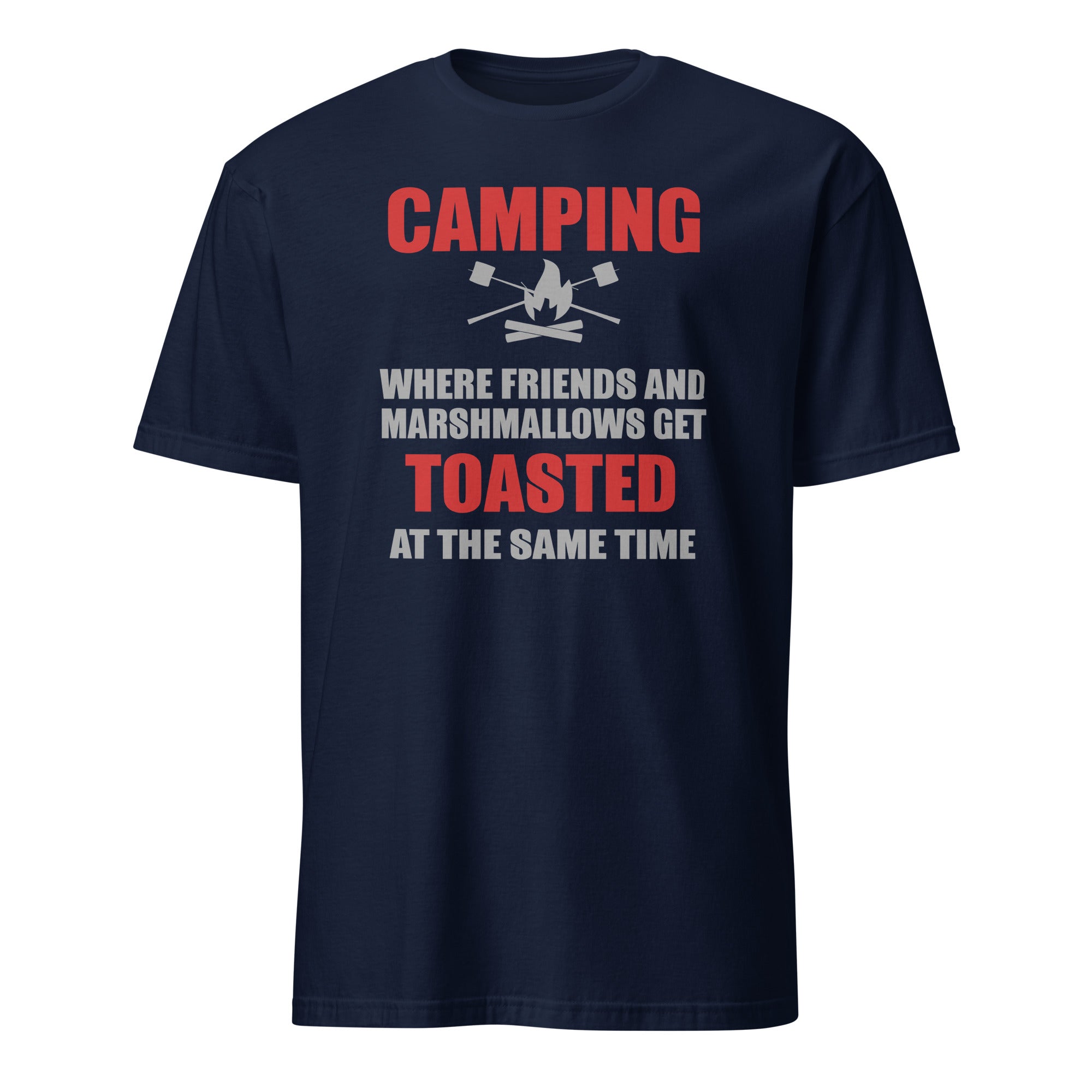 Navy blue t-shirt with red and white text and graphics on a white background