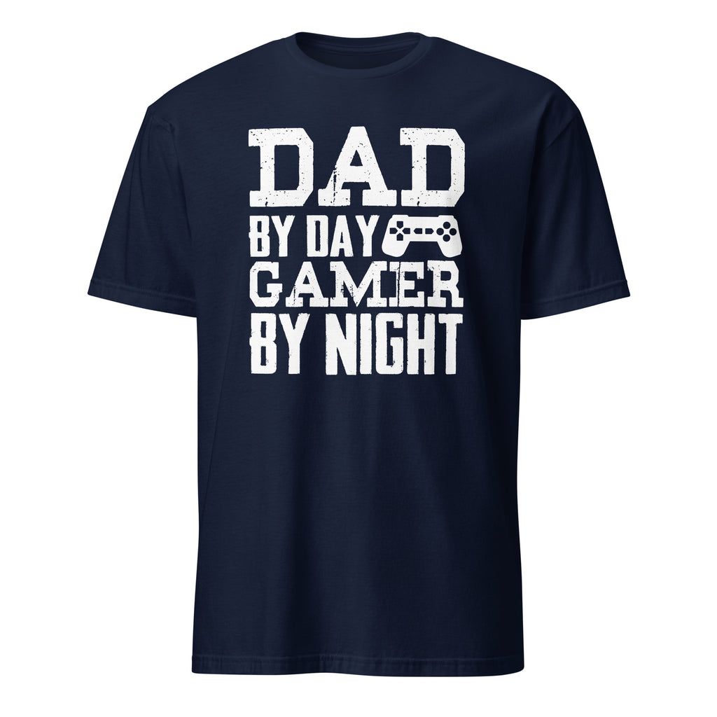 Navy blue t-shirt with white text 'Dad by day, Gamer by night' on a white background