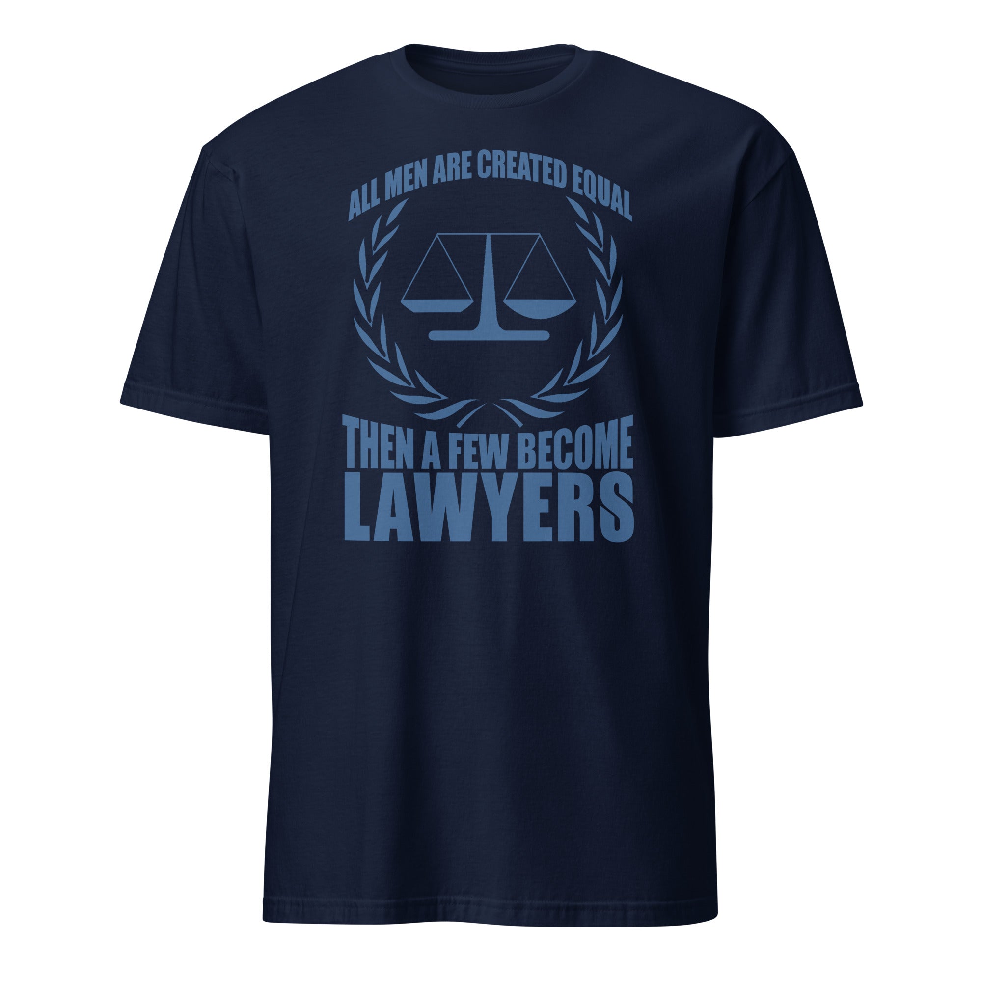 Navy blue t-shirt t-shirt with blue text and law scale graphic on a white background