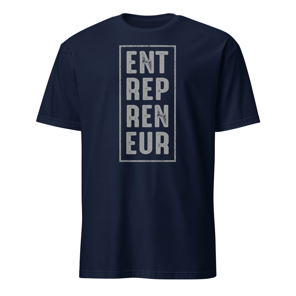 Navy blue t-shirt with 'ENTREPRENEUR' text on a white background