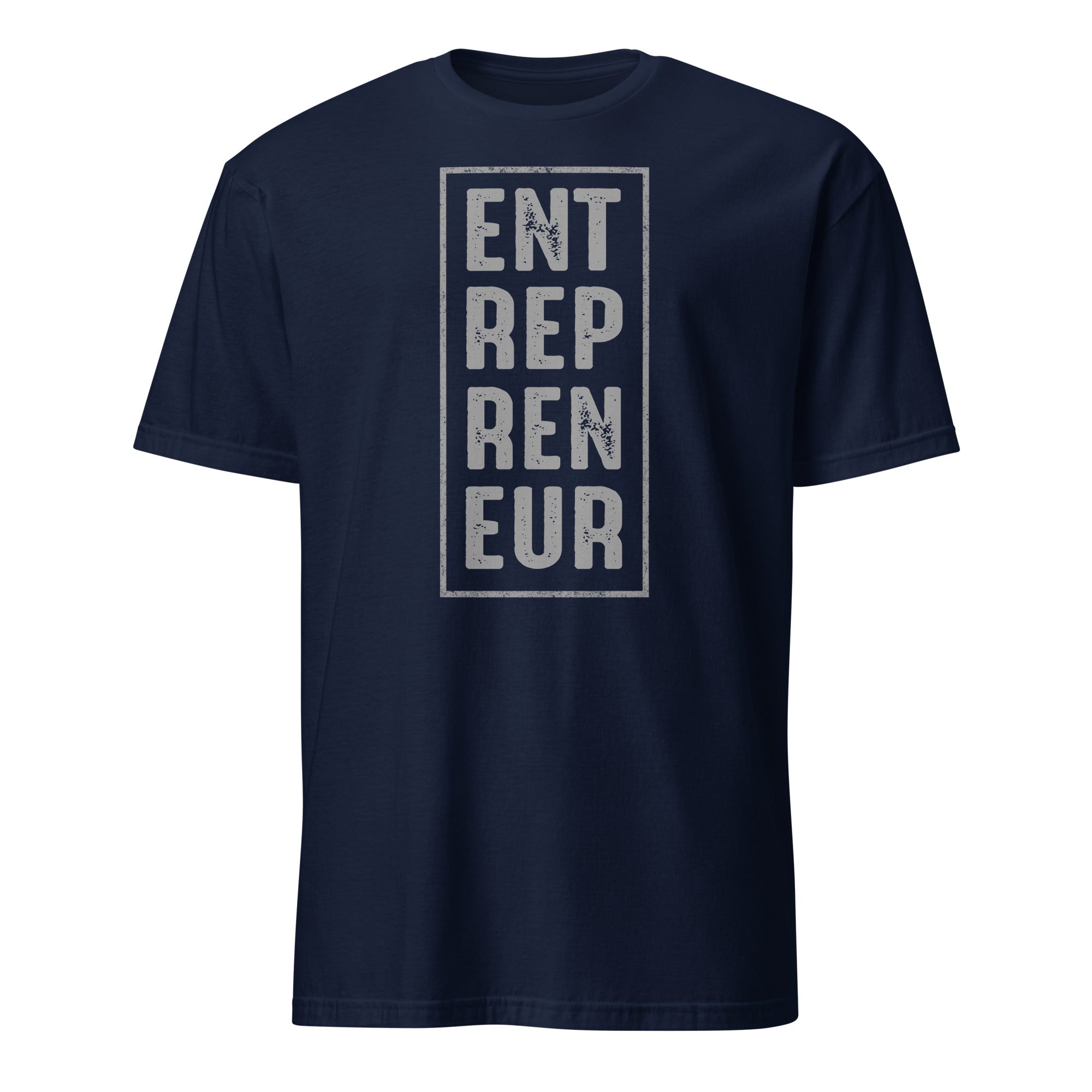 Navy blue t-shirt with 'ENTREPRENEUR' text on a white background