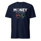 Navy blue t-shirt with Money Is Calling text and graphics on a white background