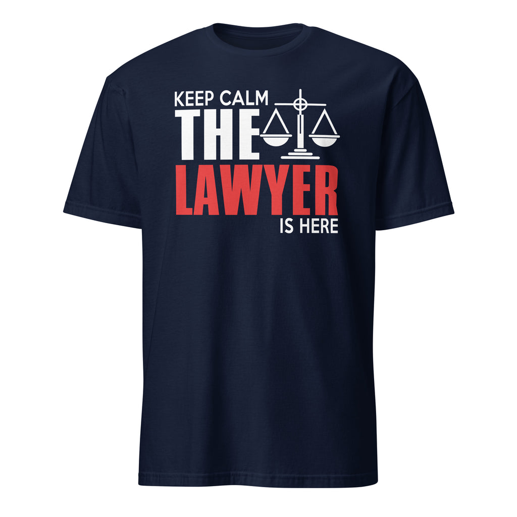 Navy blue t-shirt with 'Keep Calm The Lawyer Is Here' text design on a white background