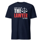 Navy blue t-shirt with 'Keep Calm The Lawyer Is Here' text design on a white background