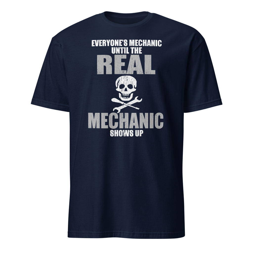 Navy blue t-shirt with white text and skull graphic on a white background