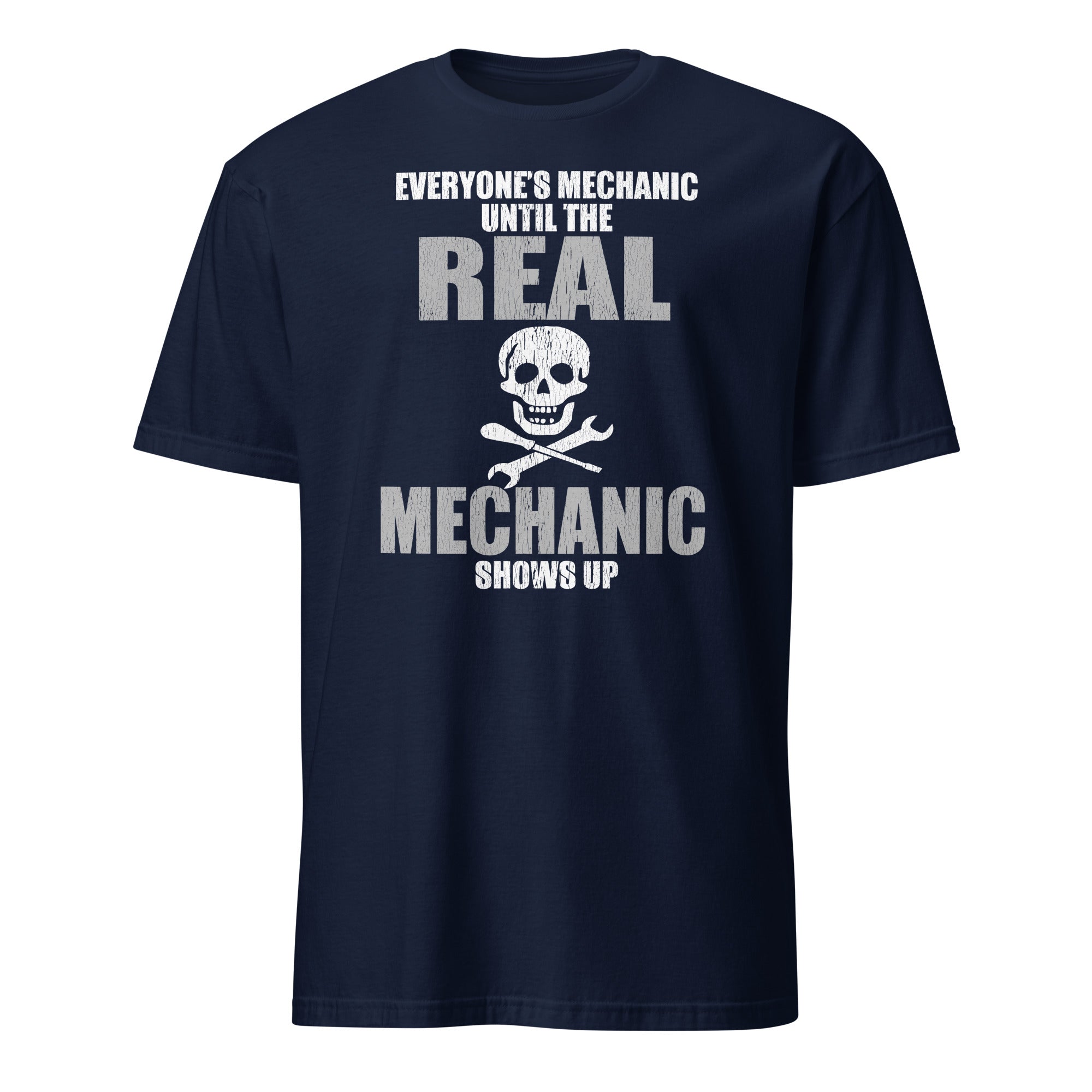 Navy blue t-shirt with white text and skull graphic on a white background