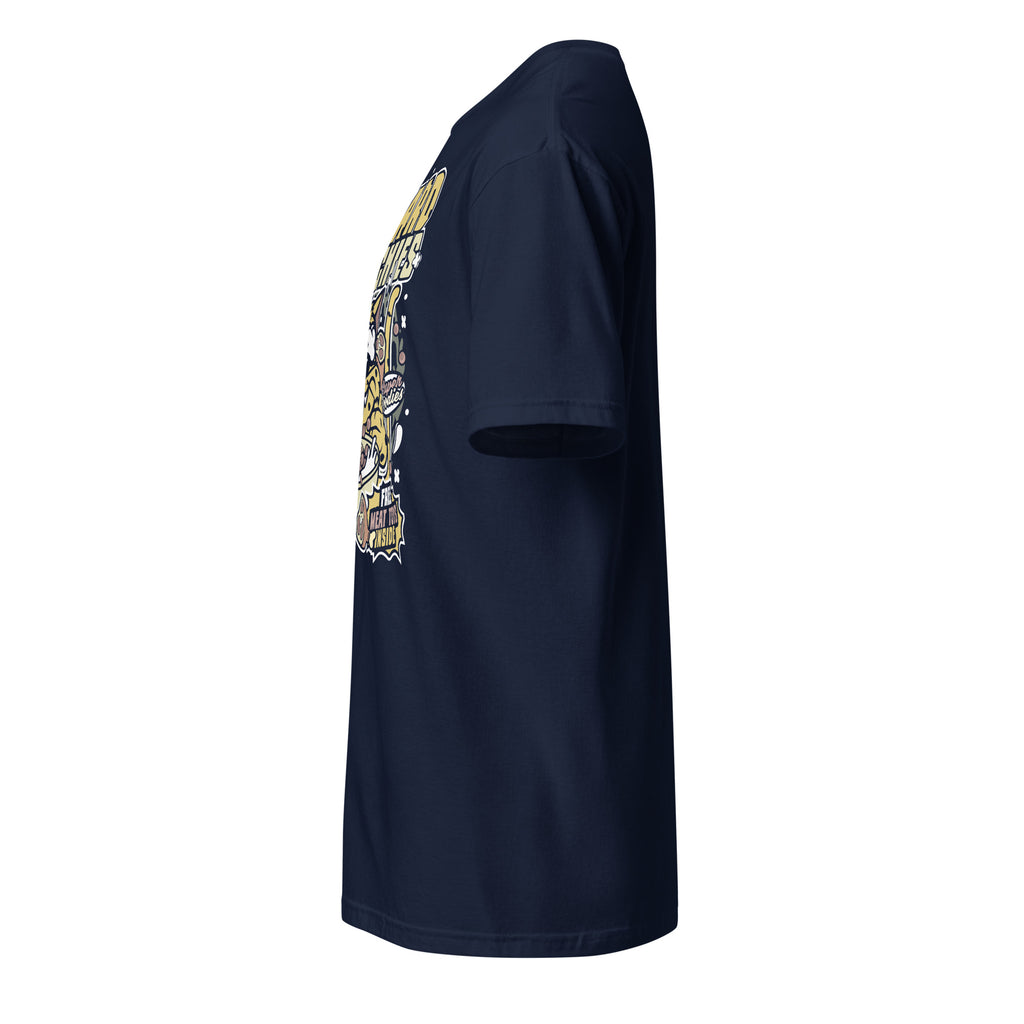 Left view of a plain Navy blue t-shirt on a white background