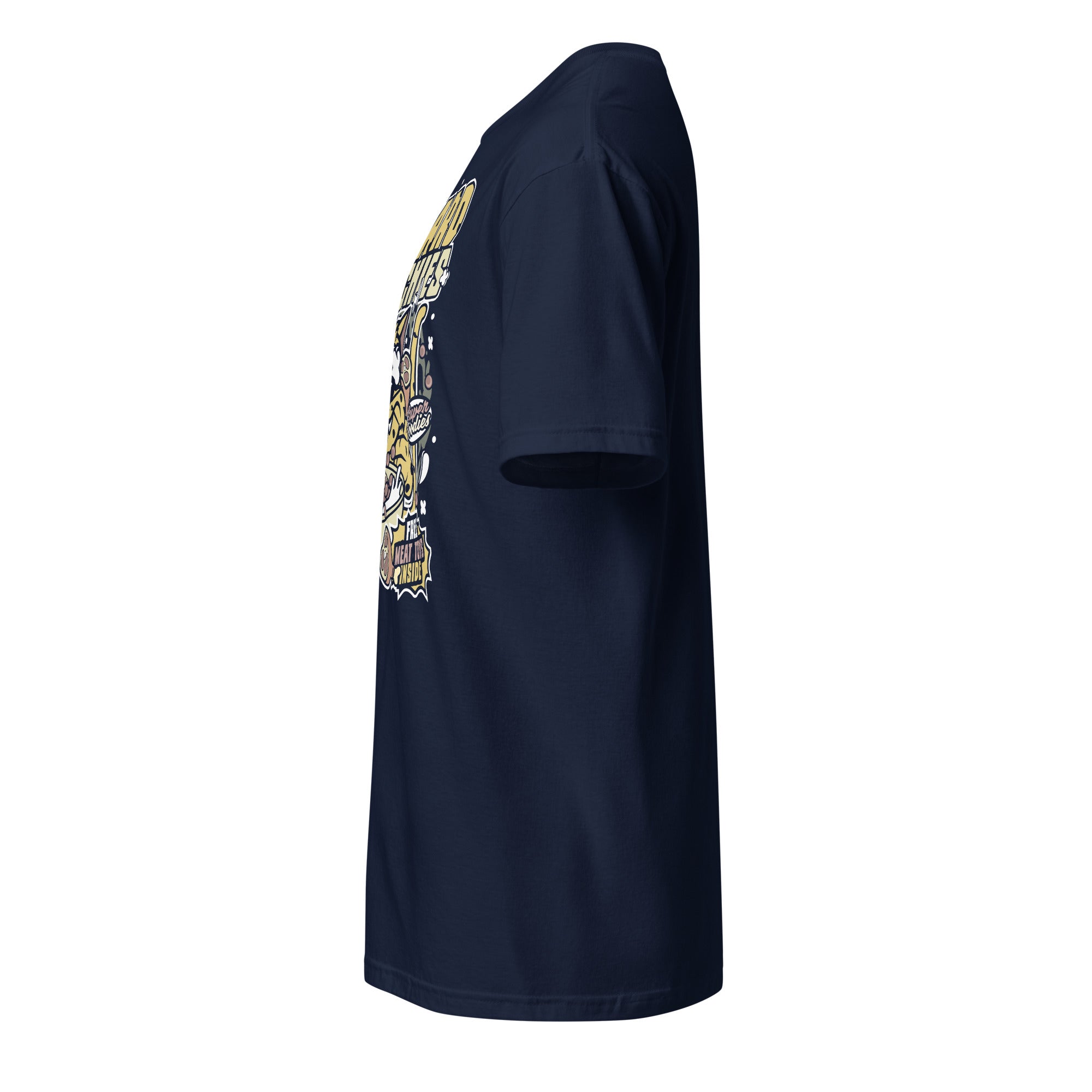 Left view of a plain Navy blue t-shirt on a white background