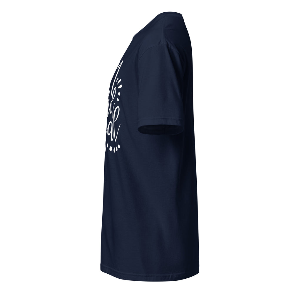 Left view of navy blue t-shirt on a white background