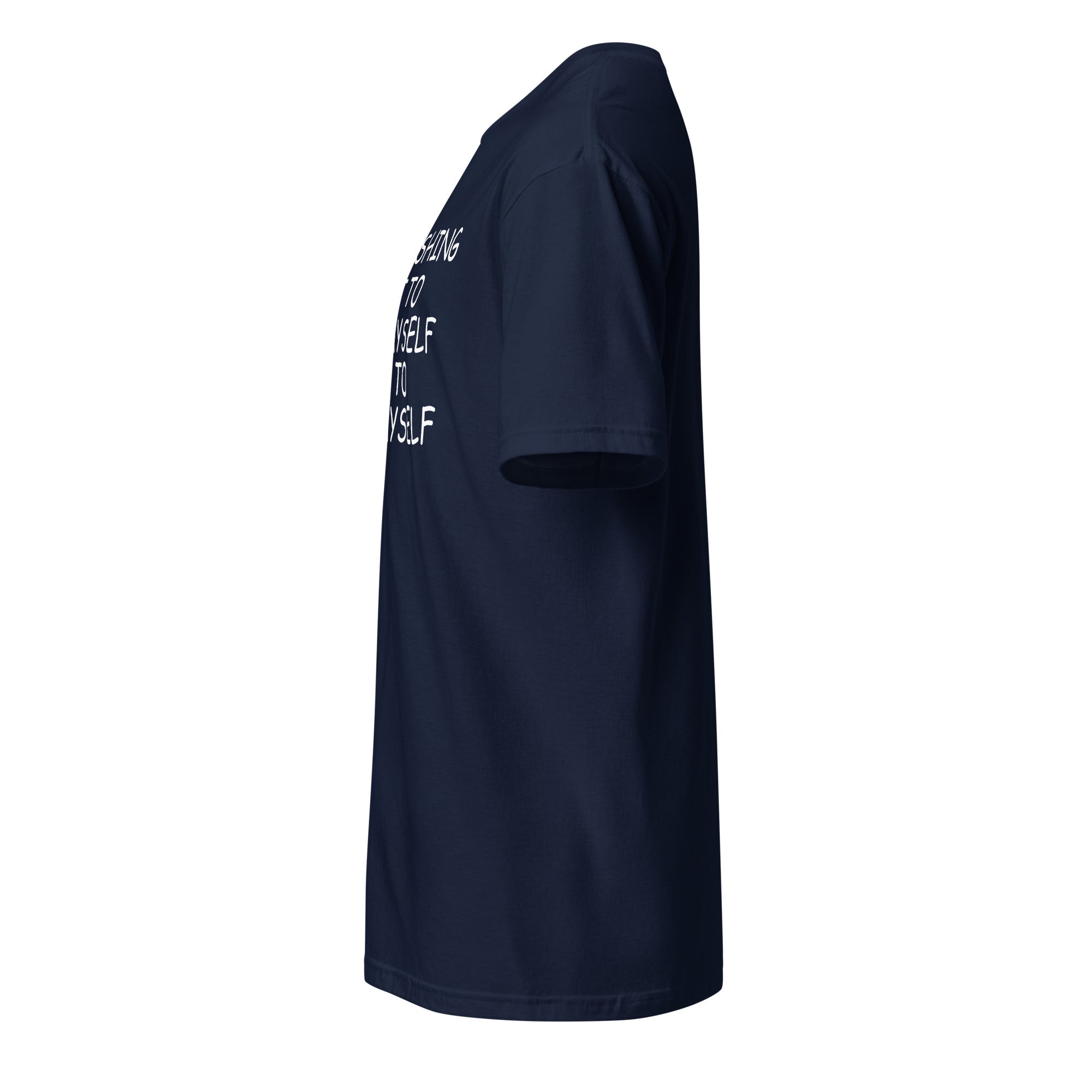 Navy blue t-shirt left side against a white background