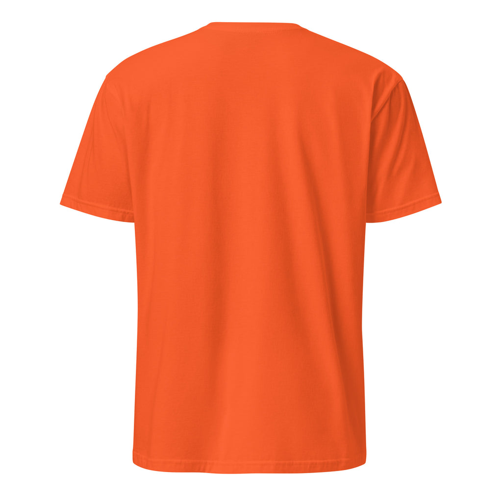 Back view of a orange t-shirt against a white background