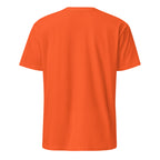 Back view of a orange t-shirt against a white background