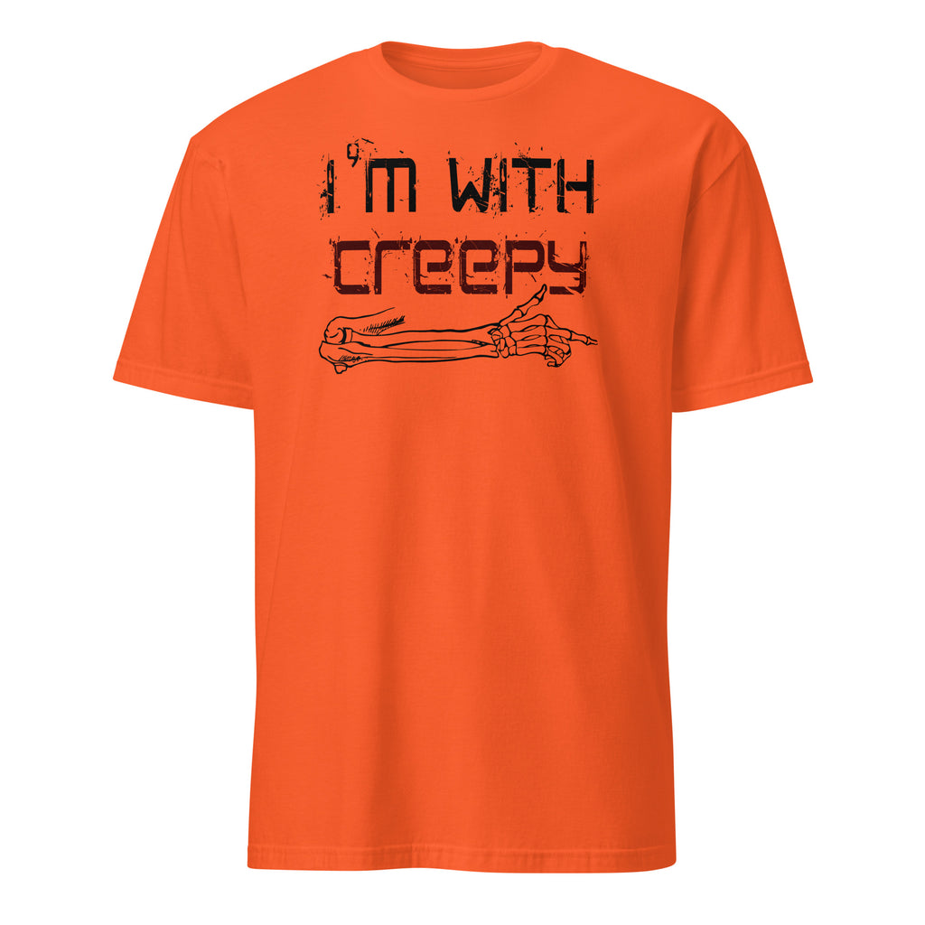 Orange Unisex Halloween t-shirt with “I’m With Creepy” funny couples design
Sources: