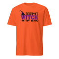Orange Unisex Halloween t-shirt with “Baddest Witch on the Block” witch-themed design