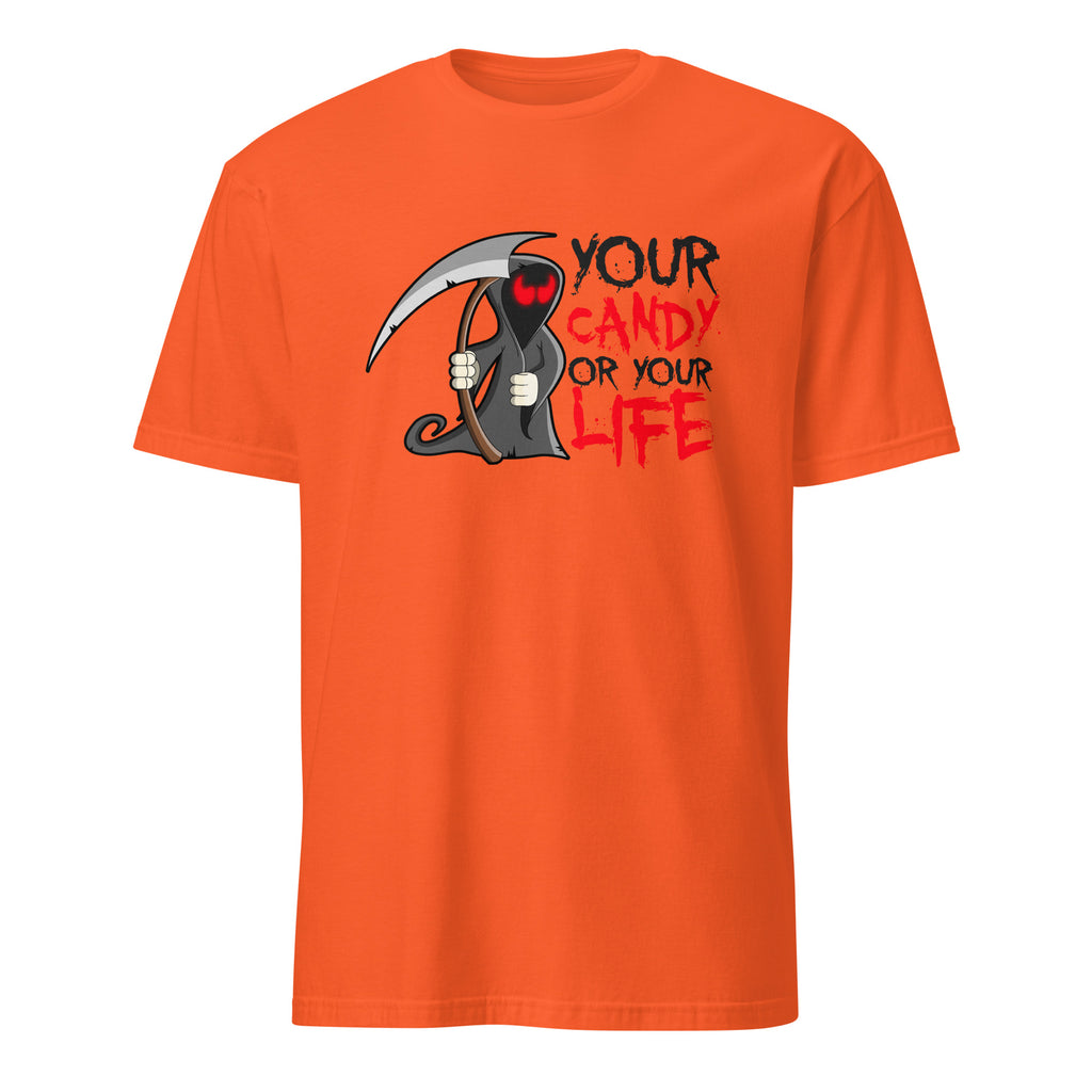 Orange  Unisex Halloween graphic t-shirt with “Your Candy or Your Life” design