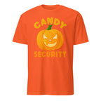An orange short-sleeve crewneck t-shirt featuring a Halloween graphic with a jack-o'-lantern and the words 'CANDY SECURITY' in yellow.