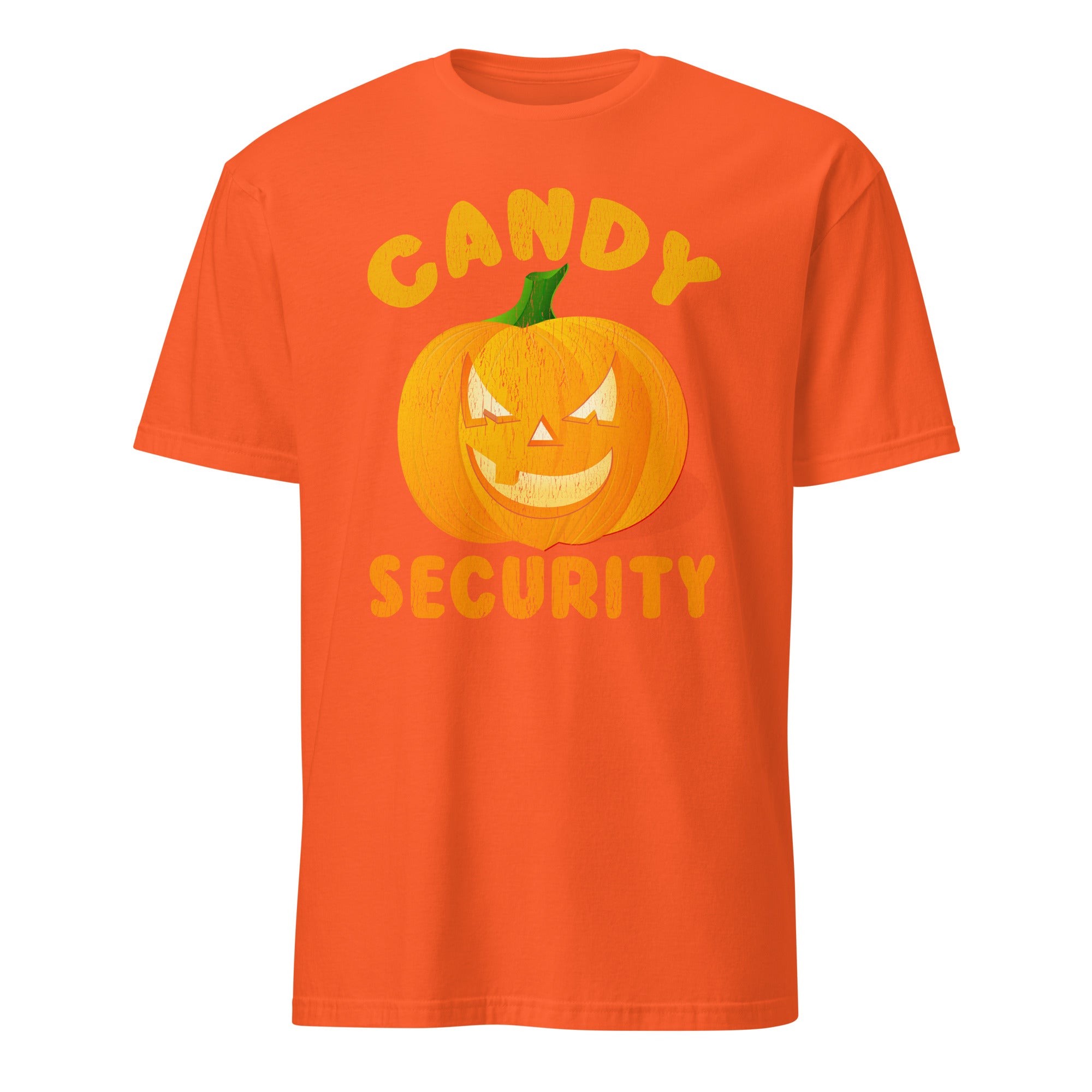 An orange short-sleeve crewneck t-shirt featuring a Halloween graphic with a jack-o'-lantern and the words 'CANDY SECURITY' in yellow.