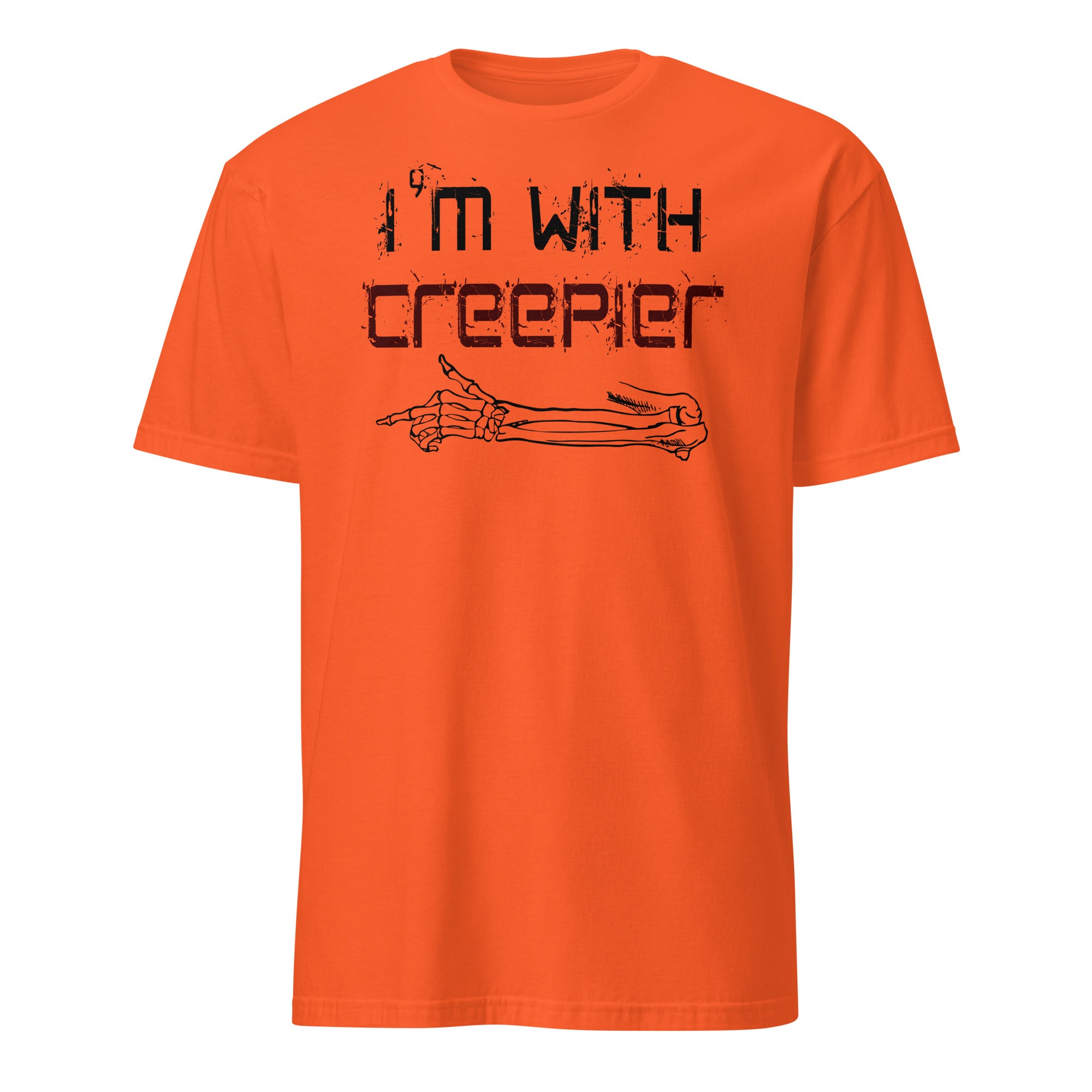 An orange short-sleeve crewneck t-shirt with a black graphic print on the front that reads 'I'm with creeper' above a line drawing of a skeletal arm pointing, shown on a plain white background.