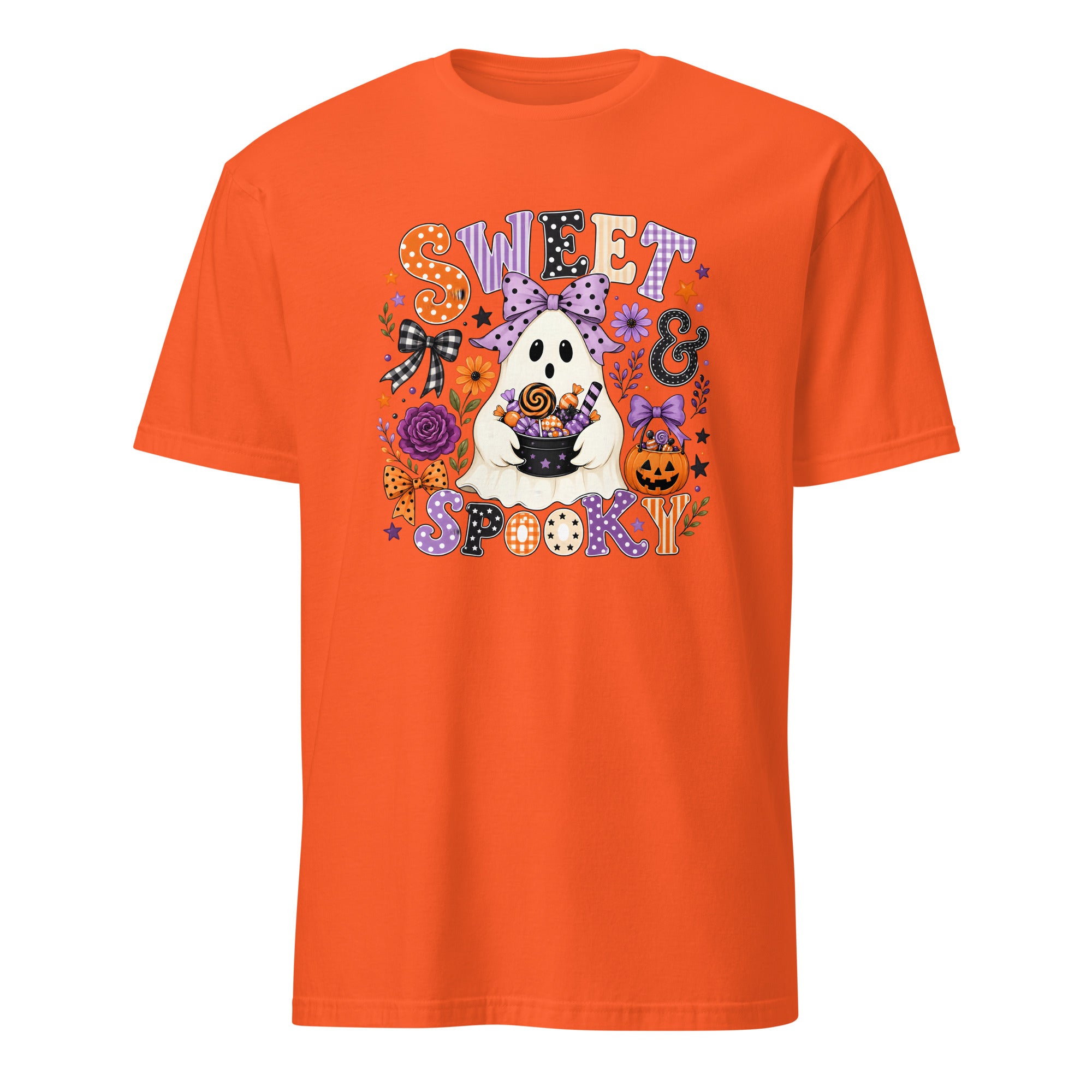 An orange short-sleeve crewneck t-shirt featuring a colorful 'Sweet & Spooky' Halloween graphic on the front with a ghost, pumpkins, and candy motifs, shown against a plain white background.