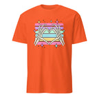 An orange short-sleeve crewneck t-shirt featuring a colorful graphic of skeletal hands forming a heart shape over horizontal pink, purple, blue, and yellow stripes with star accents.