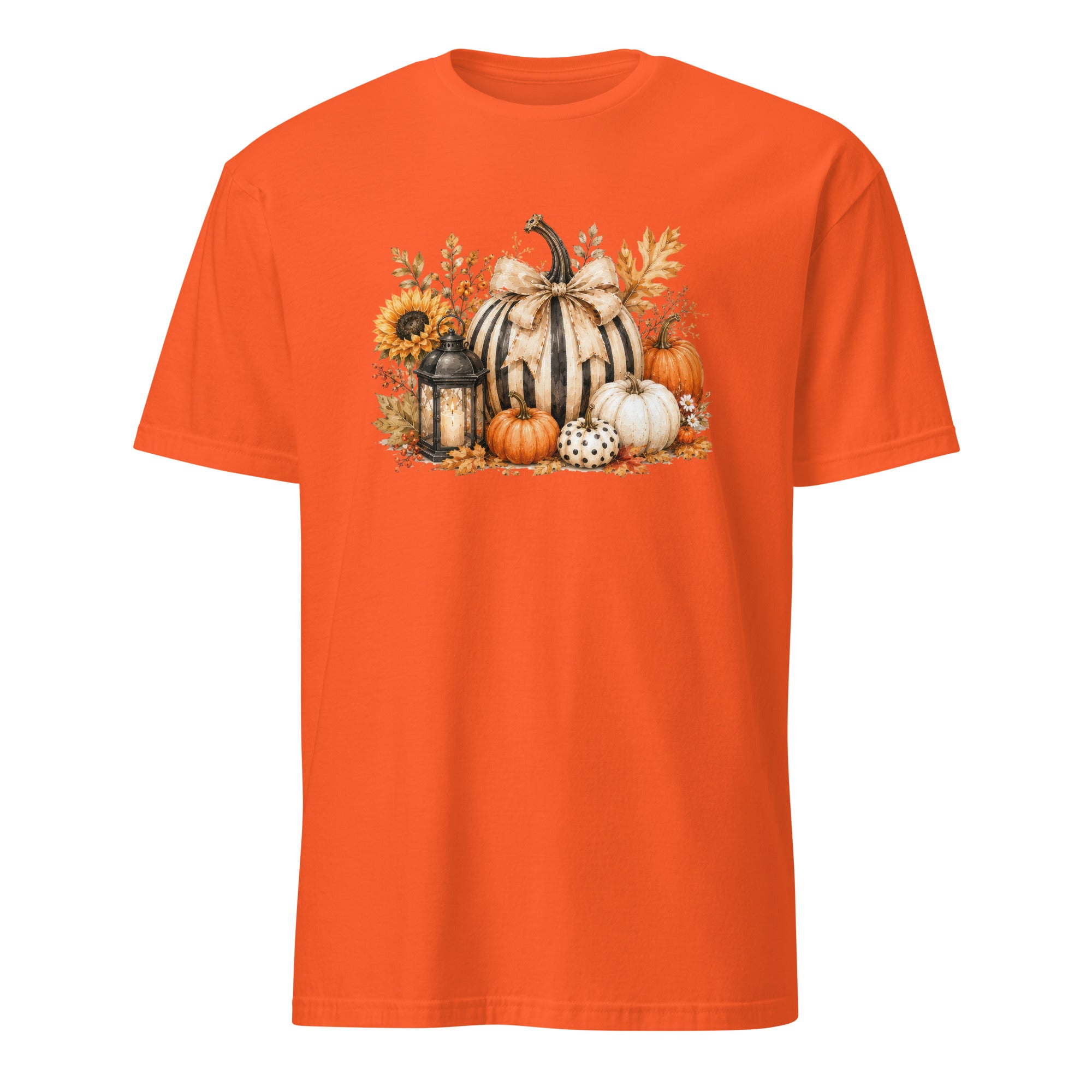 A bright orange short-sleeve crewneck t-shirt featuring a detailed autumn graphic on the chest with striped pumpkins, sunflowers, a lantern, and fall leaves.